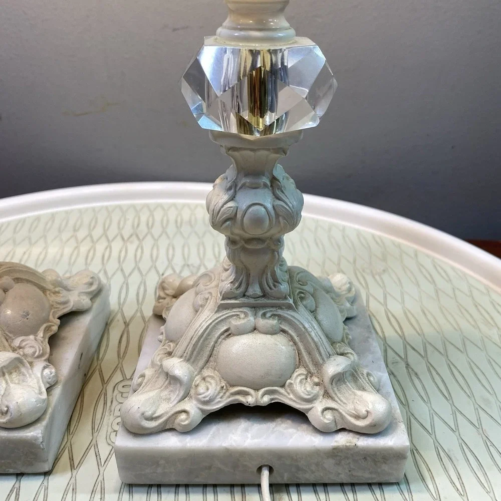 PAIR Vintage Ornate Ivory Cast Metal On Marble Base Working Table Lamps 17